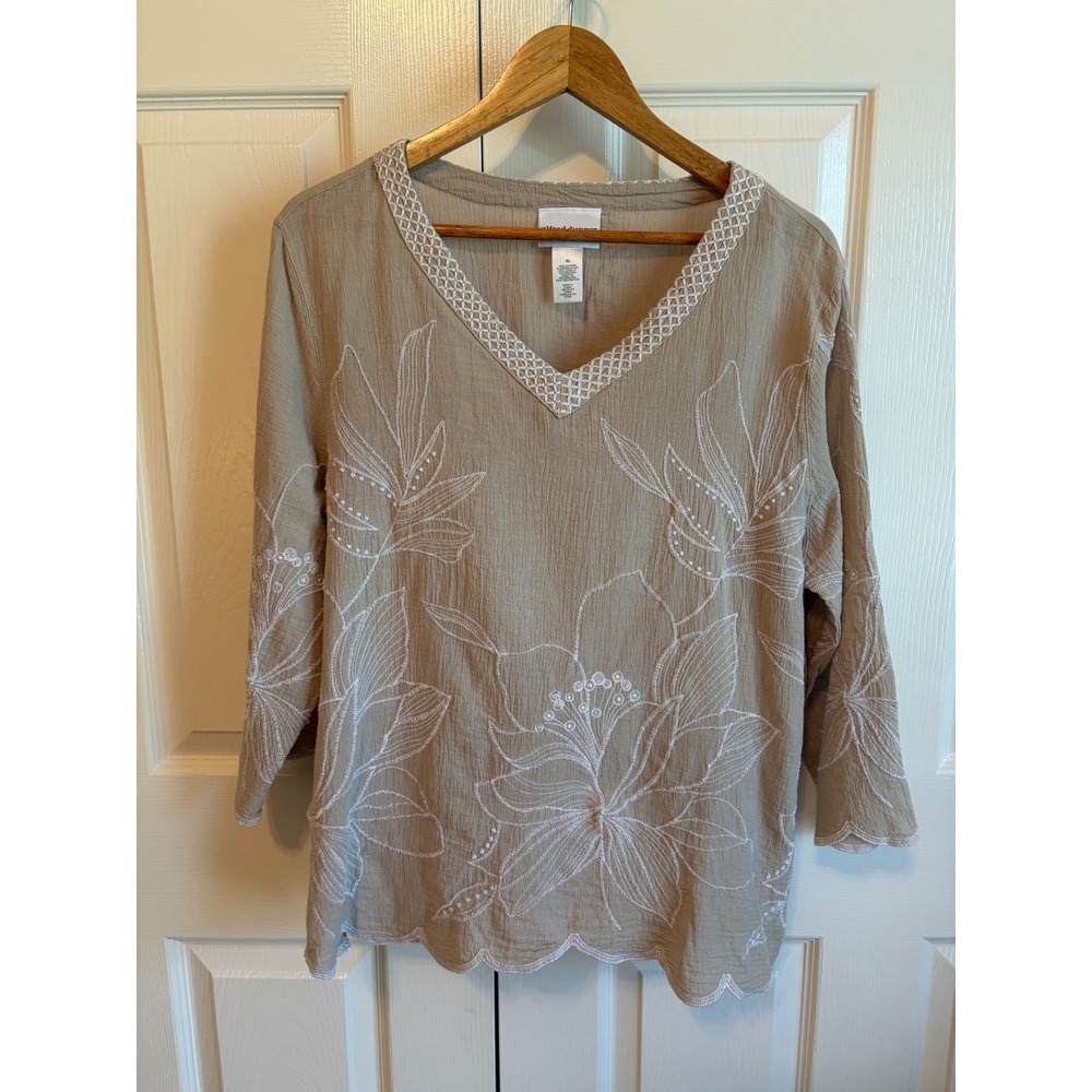 Alfred Dunner XL Tan Cotton Gauze Floral Embroidered Scalloped V-Neck Blouse